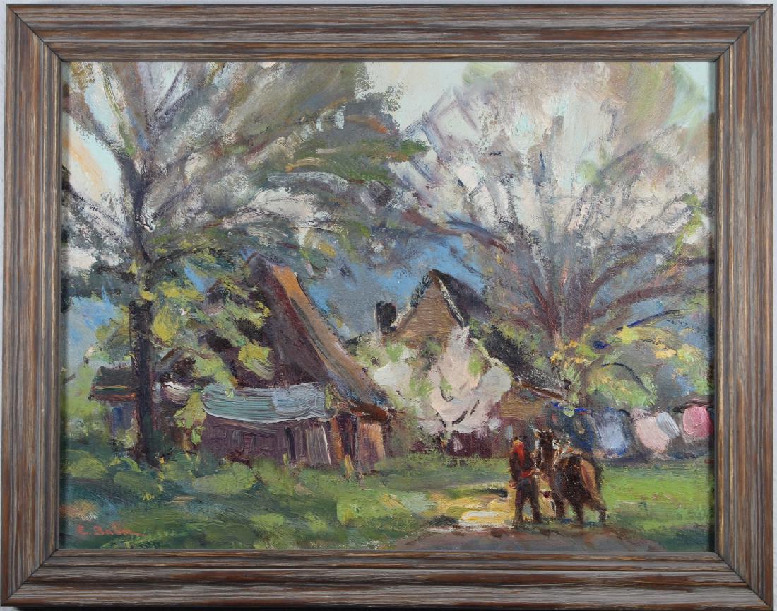 Elizabeth Baum (Indiana, California, born 1914): Elizabeth Baum (Indiana, California, born 1914) Painting of a wooded landscape with a figure with livestock. Signed lower left. Sight Size: 10 x 13 in. Baum was a member of the Brown County Art Galler