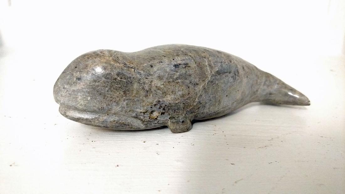 Inuit Hunters Carving of Whale: Inuit Hunters Carving of Whale. Gray blue soapstone, signed Nemo(?) or Owen(?),1930's, mint condition showing good age. Length: 5.50 in.