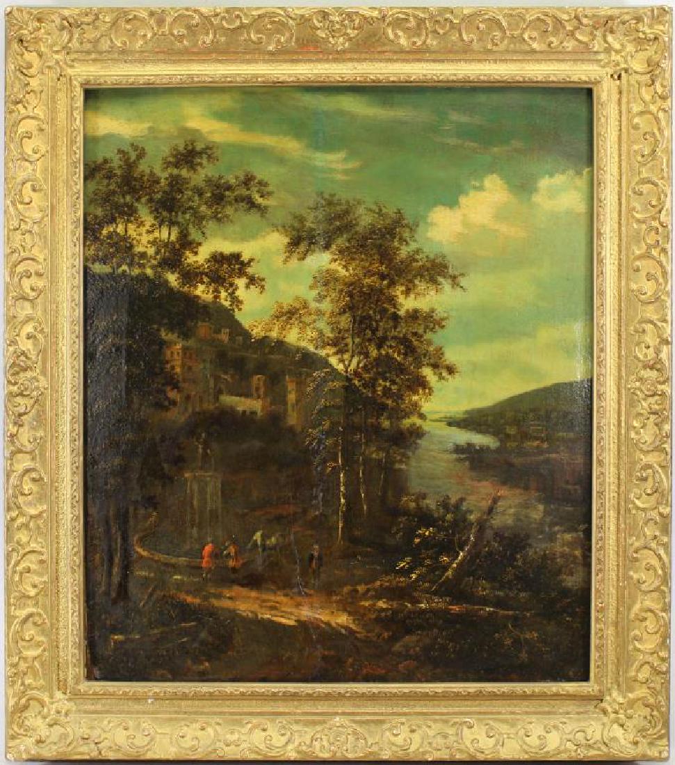 Dionys Verburgh (Netherlands,1655-1722) Christie's: Dionys Verburgh (Netherlands, 1655 - 1722) Oil on board painting of travelers in a river landscape. Christie's label verso. Sight Size: 18.5 x 15.75 in. Overall Size: 23.75 x 21 in.