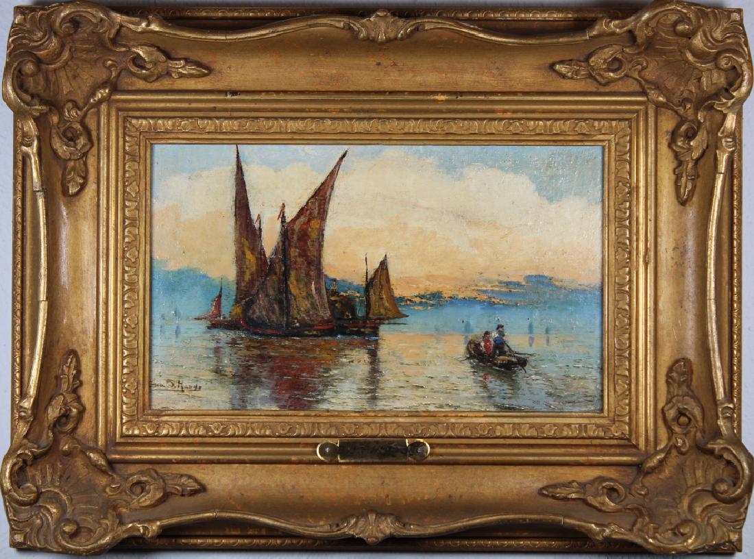 Signed, 19th C. Painting of Sailboats at Sunset: Signed, 19th C. Painting of Sailboats at Sunset. Signed lower left. Oil on board. Depicting several sailboats near the horizon with one in the foreground. Sight Size: 5.5 x 9.5 inches.