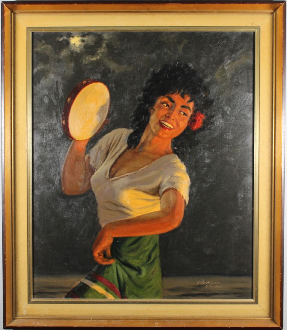 Fritz Muller (1913 - 1972): Fritz Muller (1913 - 1972) Painting of a young Gypsy woman dancing with a tambourine. Signed lower right. Oil on canvas. Sight Size: 23 x 19 in.