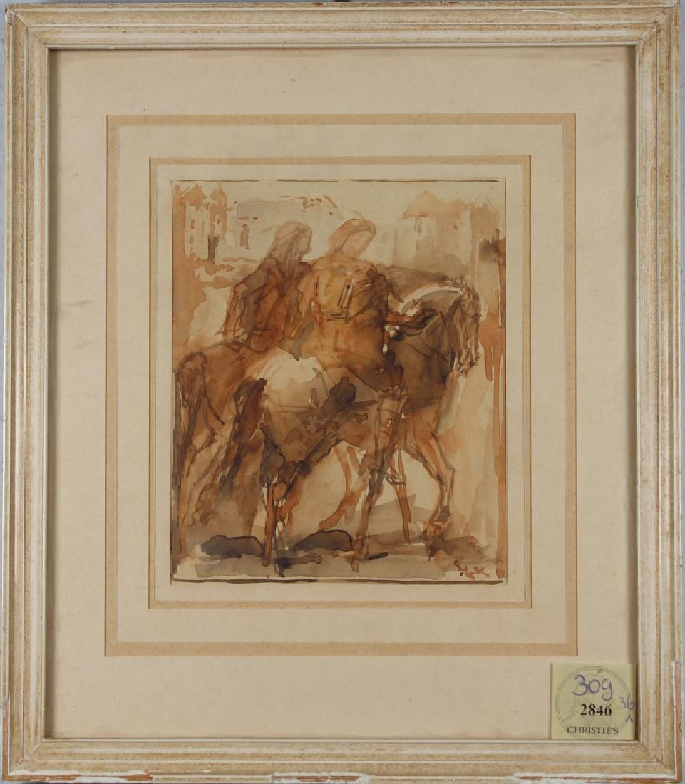 19th C. W/c of Figures on Horseback, Ex Christie's: 19th C. W/c of Figures on Horseback, Ex Christie's. Initialed lower right. Christie's label lower right. Sight Size: 5 x 4 in. Overall Size: in. Framed behind glass.