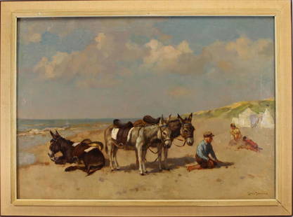 Louis Soonius (1883-1956) Ex Christie's: Louis Soonius (Netherlands, 1883-1956) Oil on canvas painting with children and donkeys on a beach. Signed lower right. Christie's label verso. Sight Size: 19.25 x 27.25 in. Overall Size: 23.25 x