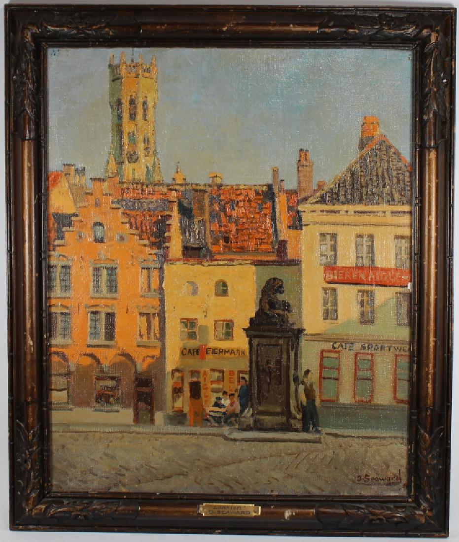 D. Seaward, Signed Village Scene w/ Figures: D. Seaward, Signed French Village Scene w/ Figures. Oil on canvas. Signed lower right. Sight size: 18 x 14 inches.