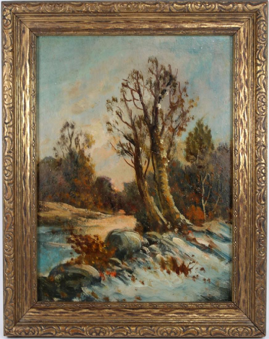 American School, Painting of Wooded Landscape: American School, Painting of Wooded Landscape. Oil on board. Appears to be unsigned. Sight size: 11.5 x 8.5 inches.