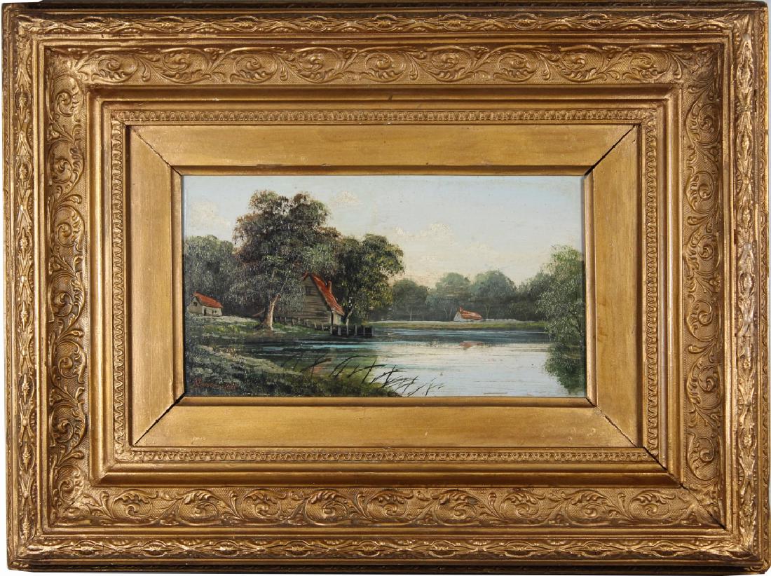 1891, Painting of Cottage Near a River. Signed: 1891, Painting of Cottage Near a River. Signed indistinctly lower left. Oil on board. Sight Size: 4.5 x 8.5 in. Overall Size: in.