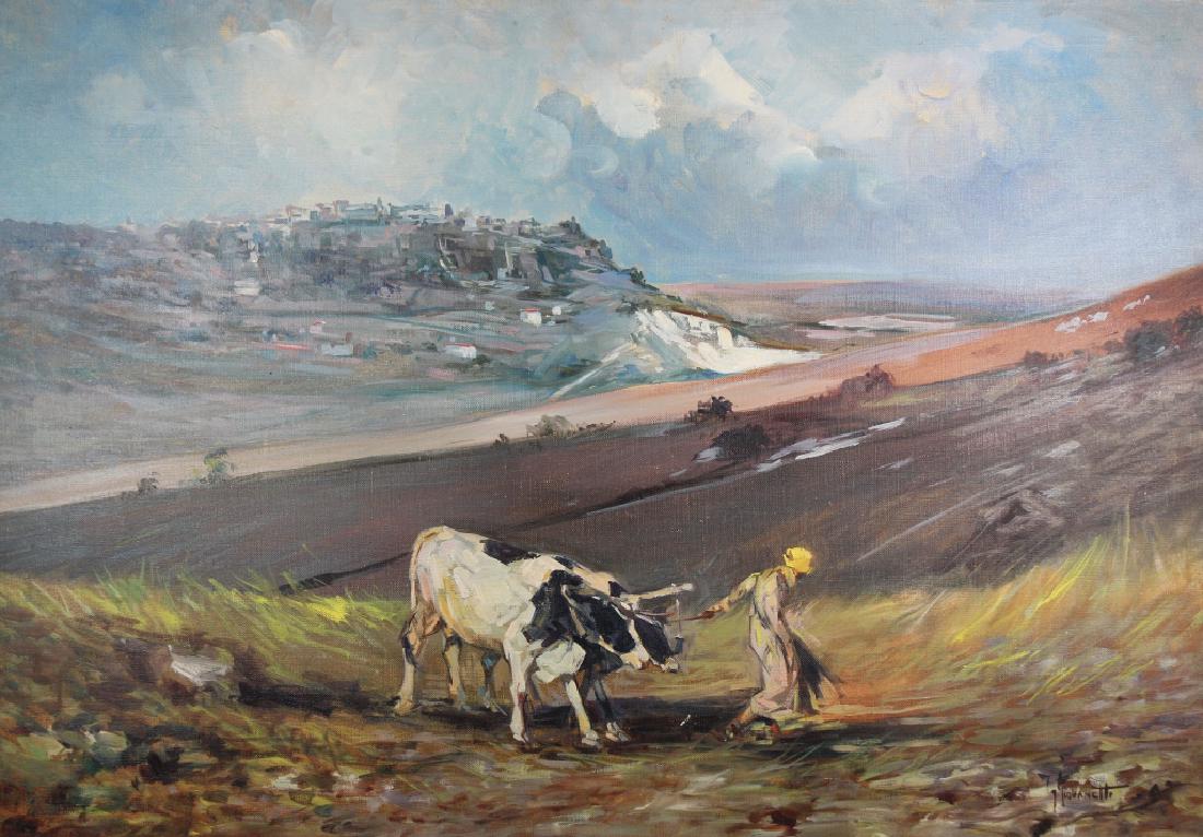 Signed, Antique Painting of Woman w/ Ox: Signed, Antique Painting of Woman w/ Ox with a village in a mountainous background. Indistinctly Signed lower right. Oil on canvas. Size: 27 x 39 in. Unframed.
