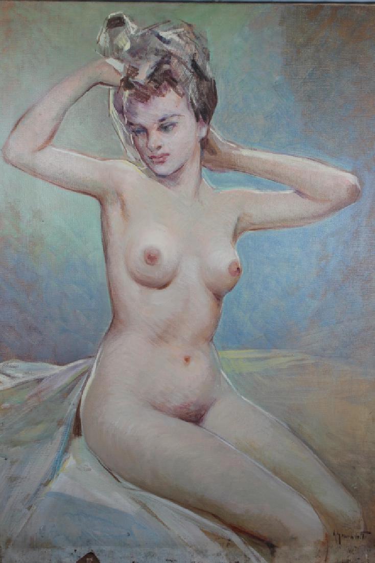 Signed, 20th C. Painting of Nude Woman: Signed, 20th C. Painting of Nude Woman. Indistinctly Signed lower right. Oil on canvas. Size: 39 x 27 in. Unframed.