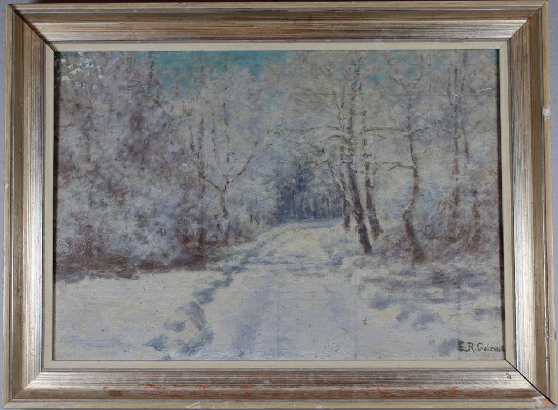 Edward Reese Coleman (Pennsylvania, born 1859): Edward Reese Coleman (Pennsylvania, born 1859) "Winter in Elfland" Oil on board painting. Signed lower right. With label verso. Sight size: 8.5 x 12 inches.