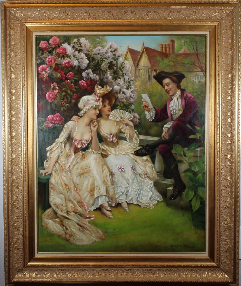 Delaport Downing (born 1924): Delaport Downing (born 1924) Painting of a man reading to two women in a garden setting. Oil on canvas. Signed lower left. Sight Size: 28 x 22 inches.