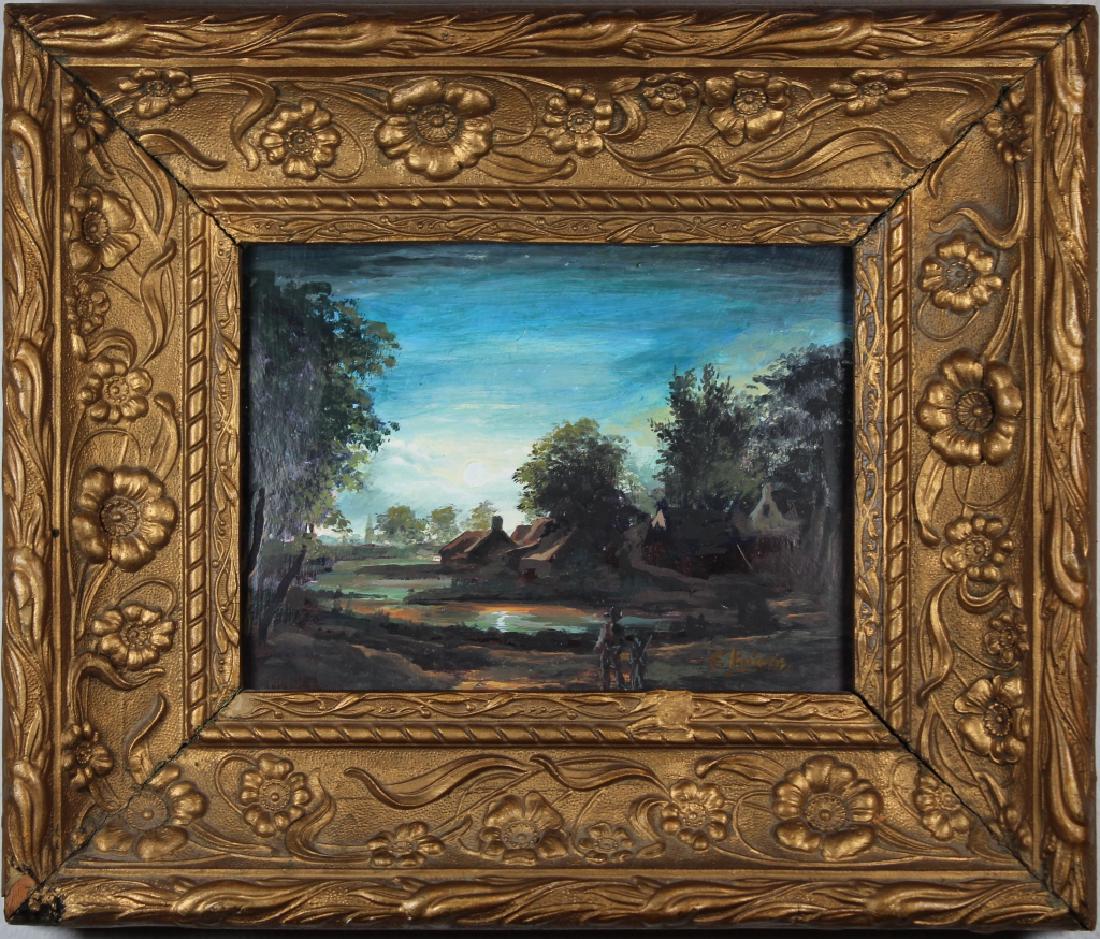 Antique Painting of Village at Dusk, Signed: Antique Painting of Village at Dusk, Signed indistinctly lower right. Oil on board. Sight Size: 5.5 x 7 inches.