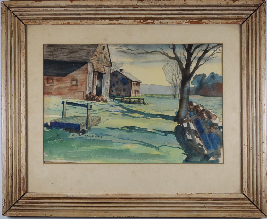 Mackay, WPA Era Landscape with House: Mackay, WPA Era Landscape with House watercolor. Signed lower left. American School. Sight Size: 7.5 x 9.5 inches.