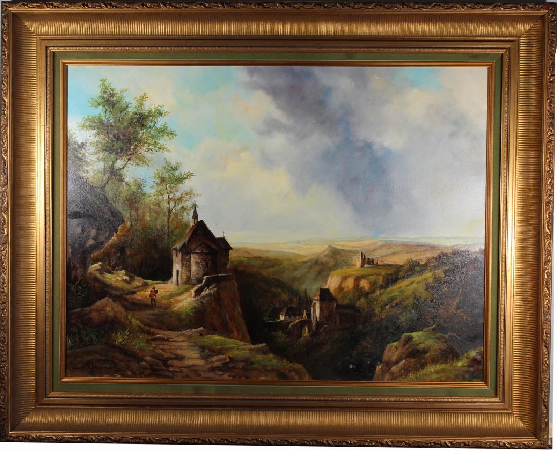 Contemporary European Landscape w/ Figures, Signed: Contemporary European Landscape w/ Figures, Signed. Signed lower left. Oil on canvas. Sight Size: 23 x 31 in. Overall Size: in.