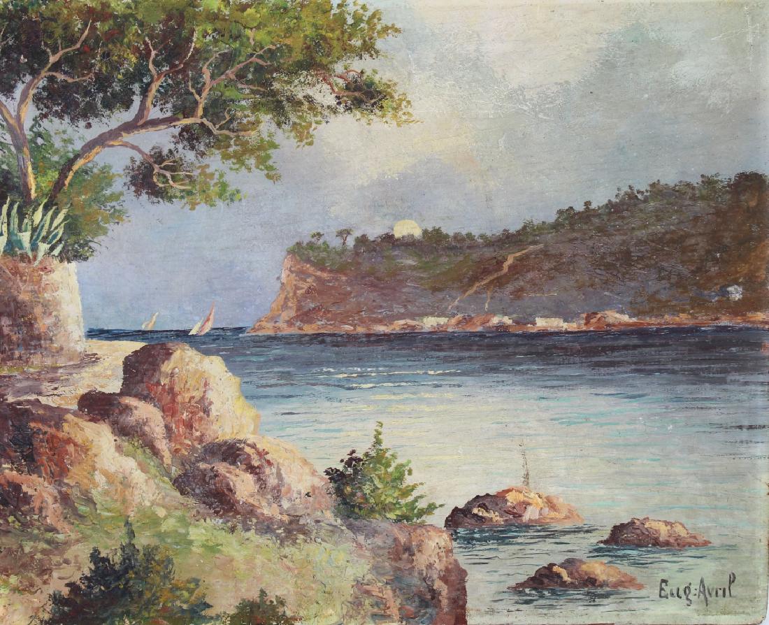 Avril, Signed New England Coastal Landscape: Avril, Signed New England Coastal Landscape with Sailboats near the horizon in the distance. Sun setting in the background. Oil on board. Signed lower right. Size: 13 x 16 inches.
