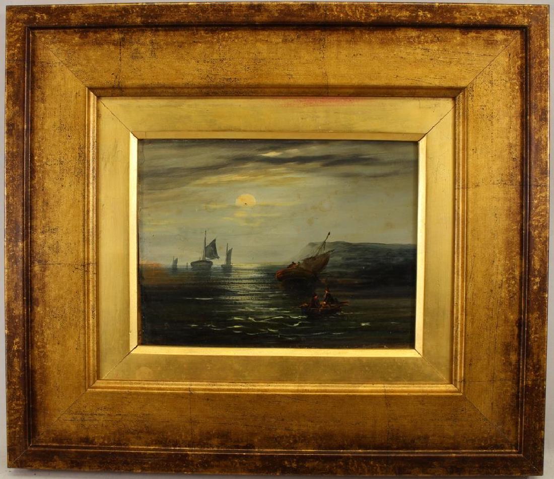 18th C. Luminous Coastal Scene with Sailboats: 18th C. Luminous Coastal Scene with Sailboats in moonlight. Original Label verso. Oil on board. Sight Size: 5.5 x 8 in. Overall Size: in.