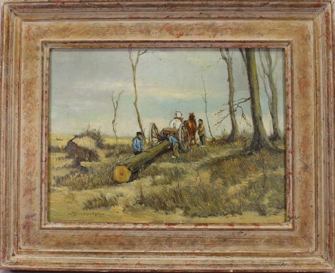 Adrianus Johannes Groenewegen (1874 - 1963): Adrianus Johannes Groenewegen (Netherlands, 1874 - 1963) Oil on canvas painting of a horse drawn carriage and figures hauling a tree. Signed lower left. Sight Size: 11.5 x 15 in. Overall Size: 17 x 21
