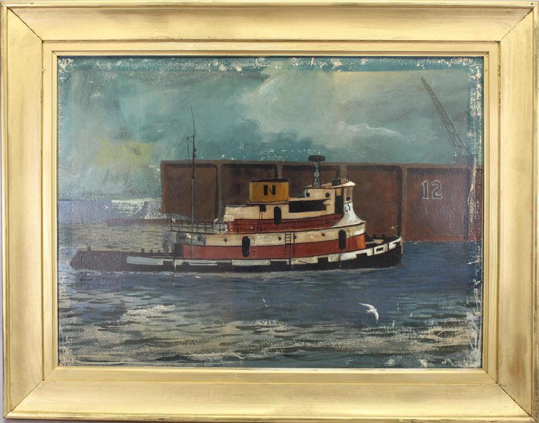 American School, 20th Century Tugboat Painting: American School, 20th Century Tugboat Painting. Appears to be unsigned. Oil on cardboard. Sight Size: 19 x 26 in. Overall Size: 26 x 33 in.