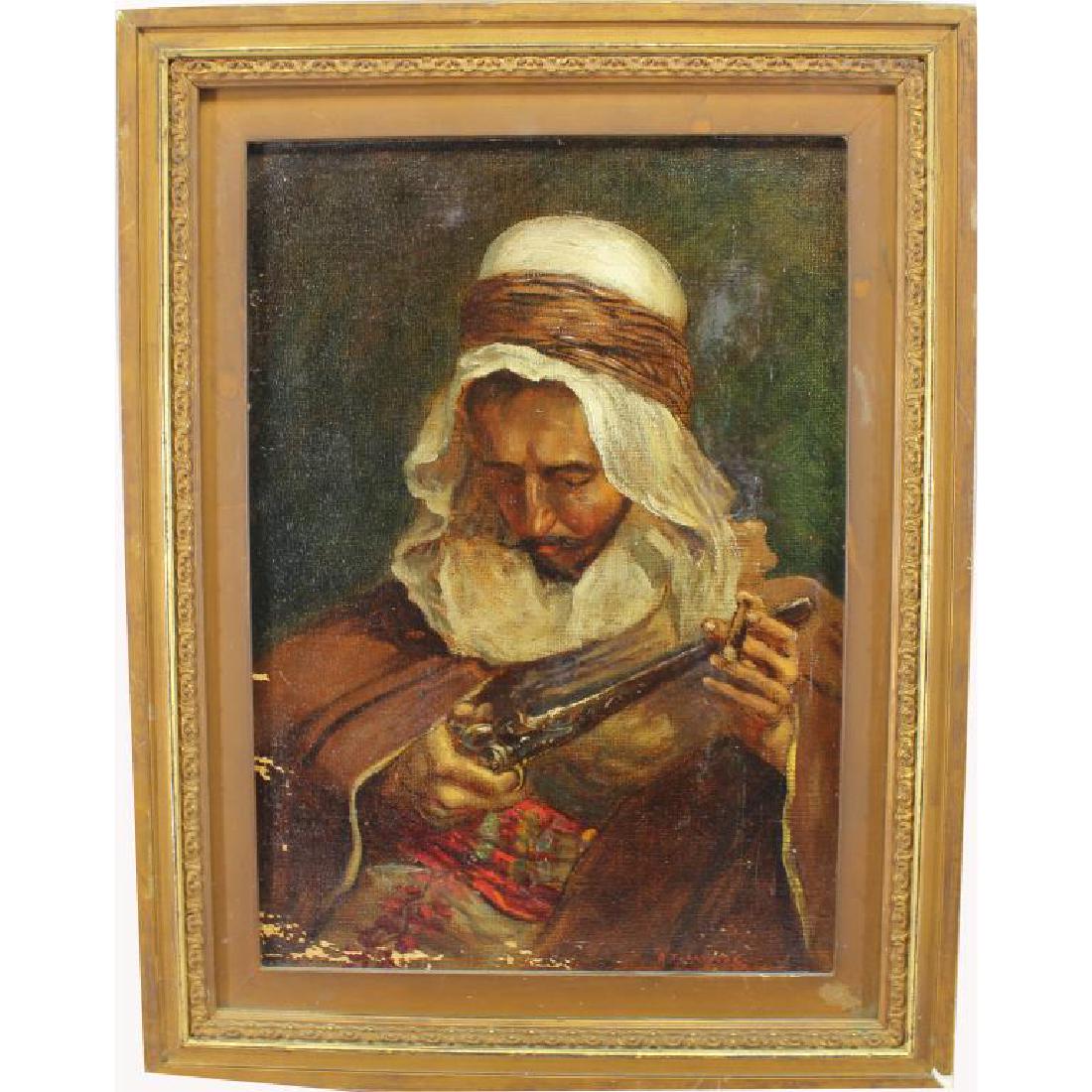 Addison Millar (1860 - 1913) Arab with Gun: Addison Millar (New York, Connecticut, Ohio, 1860 - 1913) Arab with Gun. Oil on canvas painting. Signed lower right. Sight Size: 13.5 x 9.5 in. Overall Size: 17.25 x 13.25 in. Millar moved to Clevelan