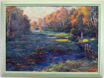 Juliette Wytsman (1866 - 1925): Juliette Wytsman (1866 - 1925) Painting "Foret de Soignies". Signed lower left. Label verso. Inscribed verso. Sight Size: 19 x 27 in. Overall Size: 23 x 30.5 in. Oil on board.