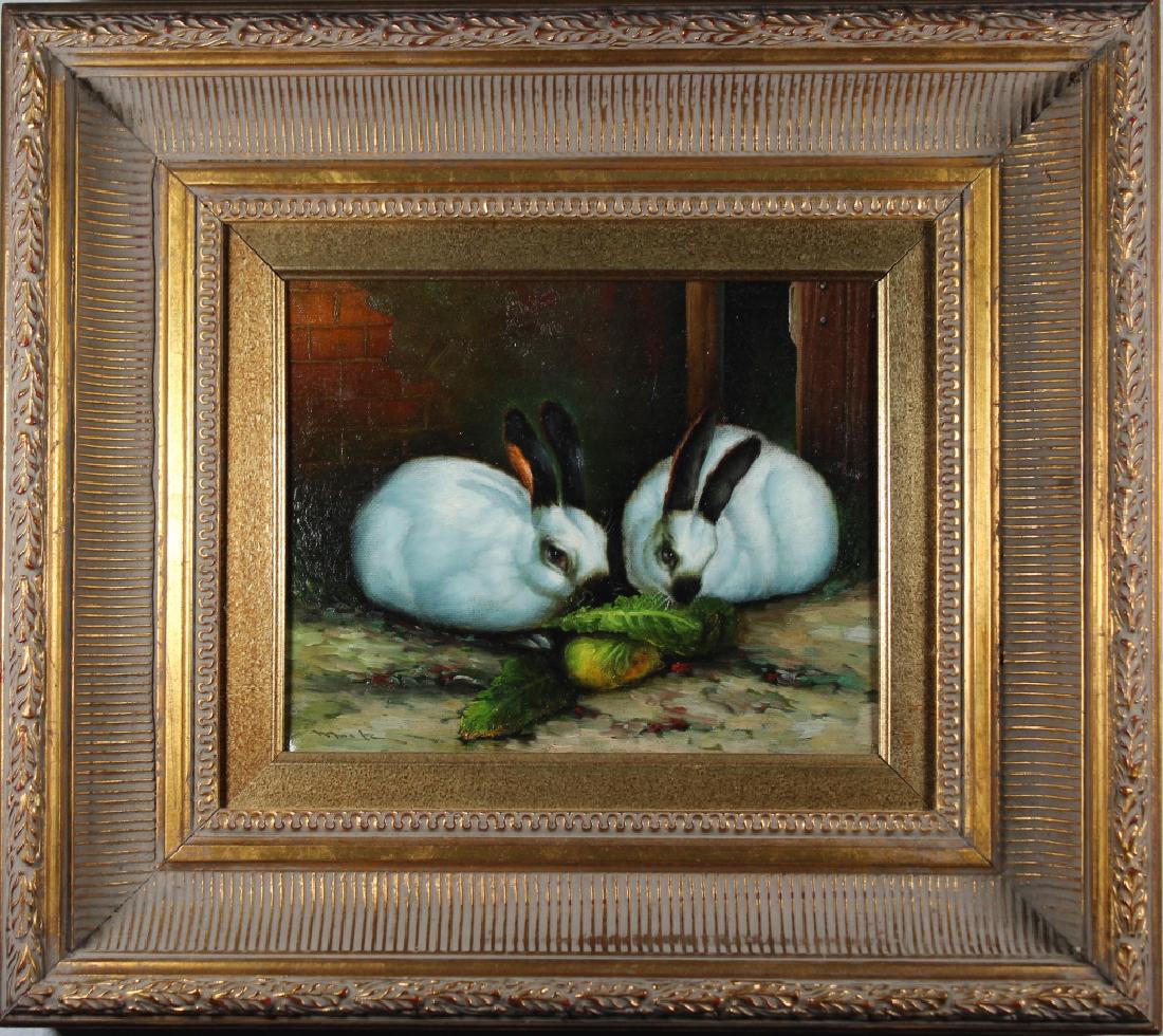 Moritz, Signed 20th C. Painting of Bunnies: Moritz, Signed 20th C. Painting of Bunnies. Signed lower left. Oil on canvas. Sight Size: 7.5 x 9.5 in. Overall Size: in.
