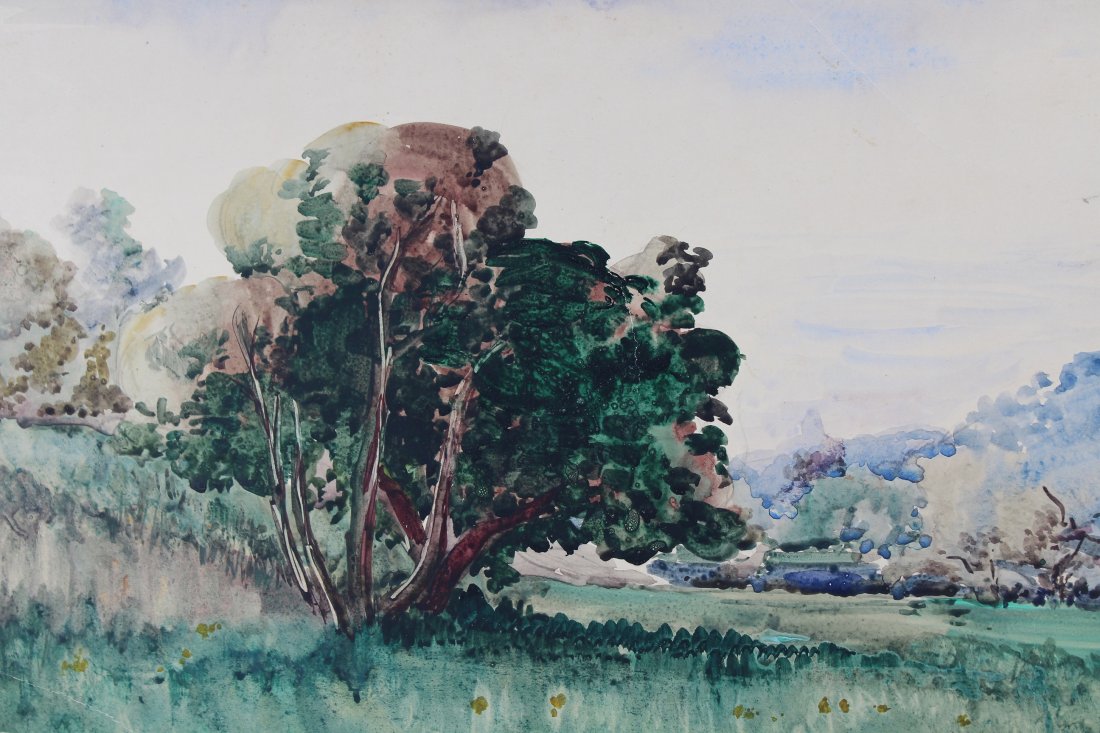 Joseph Cabasson (France, 1841 - 1920): Joseph Cabasson (France, 1841 - 1920) Watercolor of a landscape. Inscribed verso. Size: 10.5 x 15.5 inches.