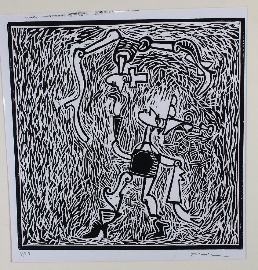 Adnan Charara (Michigan, born 1962) "Acrobats": Adnan Charara (Michigan, born 1962) "Acrobats" Linocut. Pencil signed and numbered. Size: 11 x 11 inches. With gallery label verso.
