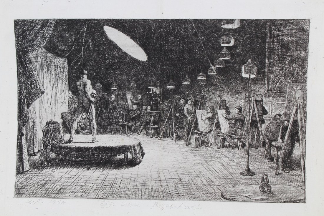 1865 "Life School, Royal Academy" Etching: 1865 "Life School, Royal Academy" Etching of figures at the Royal Academy studying a male nude figure. Titled in lower portion. Image size: 6 x 9.5 inches.