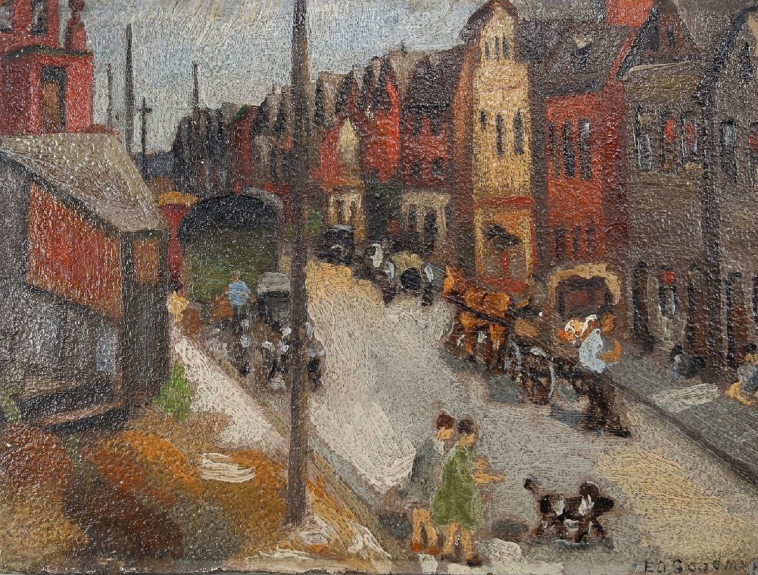 Edward Goodman (born 1909) "Street in Pittsburgh": Edward Goodman (born 1909) "Street in Pittsburgh" Oil on board painting of figures in the streets of Pittsburgh Pennsylvania. Signed lower right. Titled verso. Size: 6.25 x 8.5 inches. Goodman became 