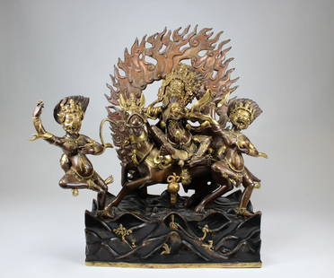 Exceptional Antique Tibetan Bronze Palden Lhamo: Exceptional Antique Tibetan Gilt Bronze "Palden Lhamo" with two figures on base. Six pieces in total, including base. Three figures, one mule and the background/cast flames doweled into the base. Tota