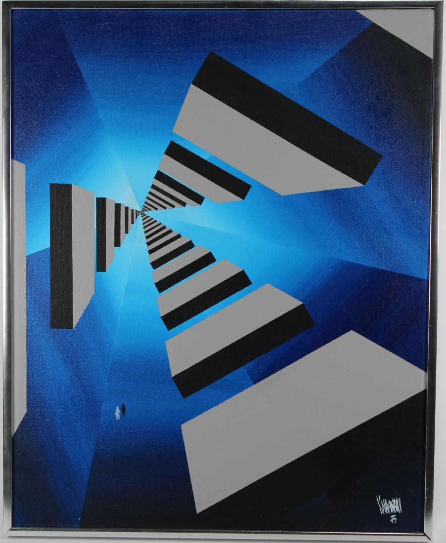 "Black Grey Blocks", Signed Surrealist Painting: "Black Grey Blocks", Signed Surrealist Painting. "Krasninski". Acrylic/Canvas. Signed and dated lower right. Sight Size: 19.5 x 15.5 in. Overall Size: in.