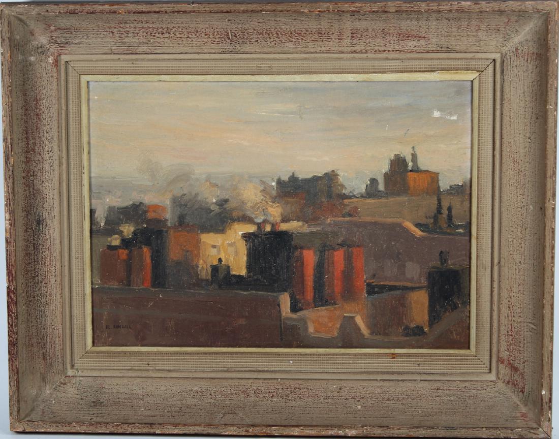 "Rooftops" Albert Handell (American, born 1937): "Rooftops" Albert Handell (American, born 1937). Painting depicting New York Rooftops with Statue of Liberty in the distance (upper right). Oil on board. Signed lower left. Sight Size: 9.5 x 13.5 in.