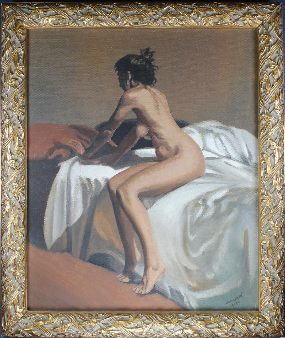 Signed, Painting of a Nude Woman in a Sunlit Room: Signed, Painting of a Nude Woman in a Sunlit Room. Oil on canvas. Indistinctly signed and dated lower right. Sight size: 21.5 x 17 inches.