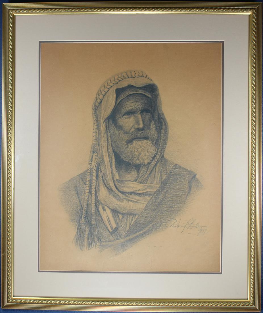 1897 Portrait of an Orientalist Man, Signed: 1897 Portrait of an Orientalist Man, Signed. "R. Irving Charlton"? Signed and dated (1897) lower right. Sight Size: 19 x 15 in. Overall Size: 26 x 22 in. Framed behind glass.