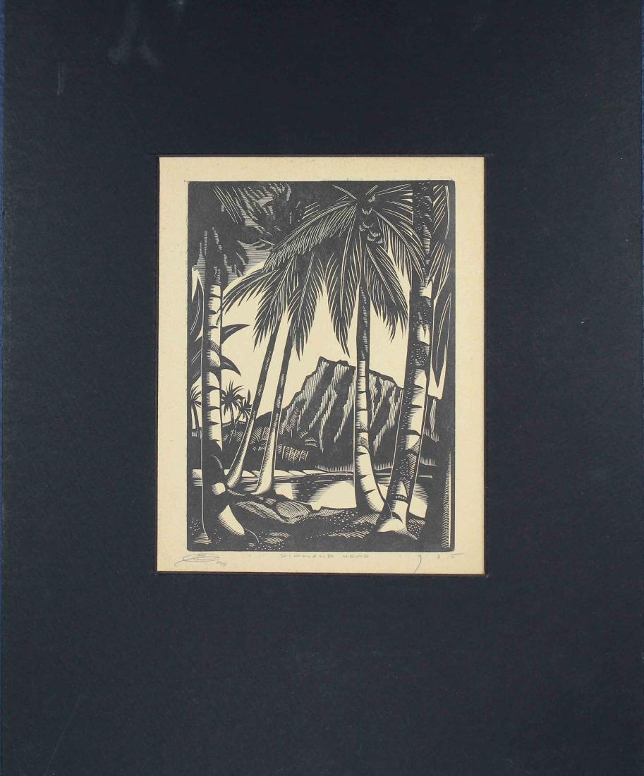 Earl Marshawn Washington (b 1962) "Diamond Head": Earl Marshawn Washington (born 1962) "Diamond Head" woodcut. Signed in margin. After a 1935 image. Image size: 7 x 5 inches.