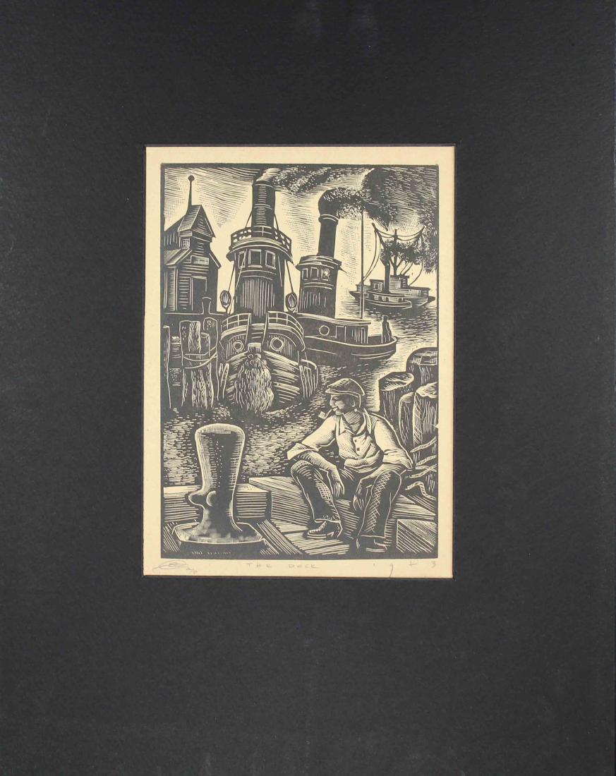 Earl Marshawn Washington (born 1962) "The Dock": Earl Marshawn Washington (born 1962) "The Dock" woodcut. Signed in lower margin. After a 1943 image. Image size: 7.5 x 5.5 inches.
