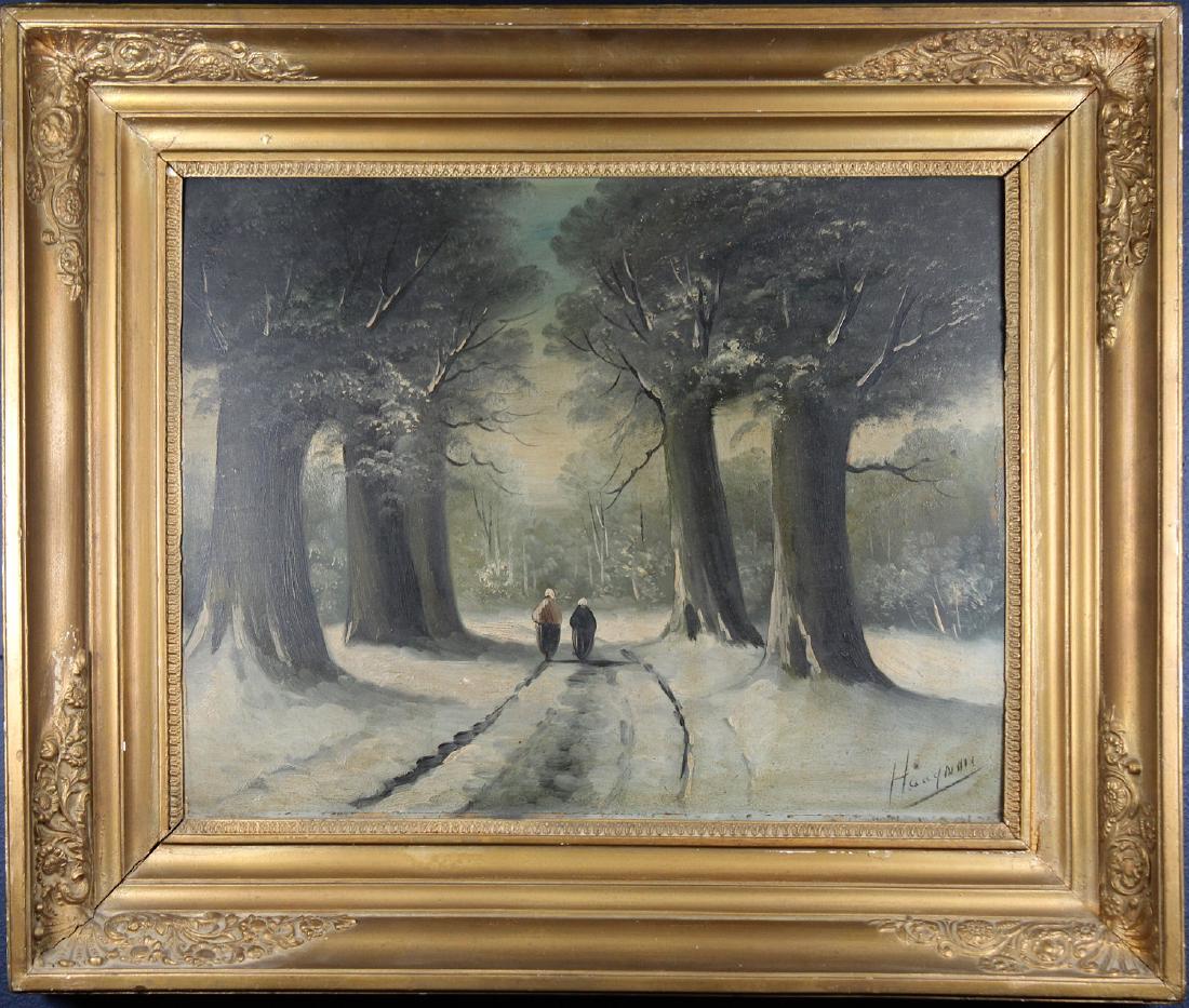 Antique Painting of Figures in a Winter Landscape: Antique Painting of Figures in a Winter Landscape. Oil on board. Housed in a gilt/carved frame. Illegibly Signed lower right. Sight Size: 15 x 19.5 in. Overall Size: 23 x 27 in.
