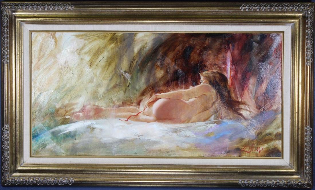 Donald Zolan (1937 - 2009) "Reclining Nude": Donald Zolan (1937 - 2009) "Reclining Nude". Oil on canvas painting depicting the backside of a resting reclining nude figure. Signed lower right. Sight size: 14 x 29.5 inches. Zolan studied at the Ar