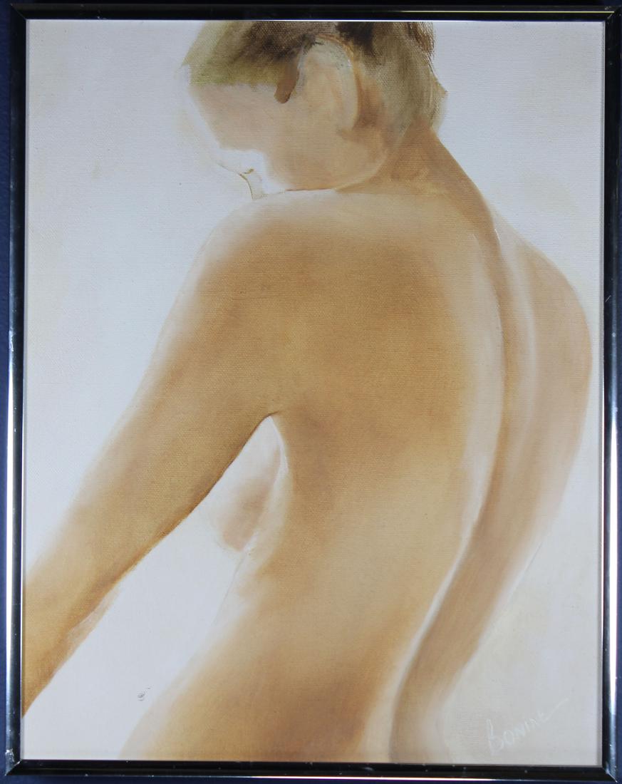Jeanne Bonine (Arizona, 20th century): Jeanne Bonine (Arizona, 20th century) Oil on canvas painting of the backside of a nude woman. Signed lower right. Sight size: 13.5 x 10.5 inches.