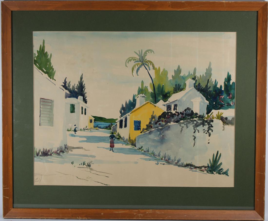 Alfred Birdsey (Bermuda, 1912 - 1996): Alfred Birdsey (Bermuda, 1912 - 1996) Watercolor of a figure walking through a village. Signed lower left. Sight Size: 14 x 18 in. Overall Size: in.