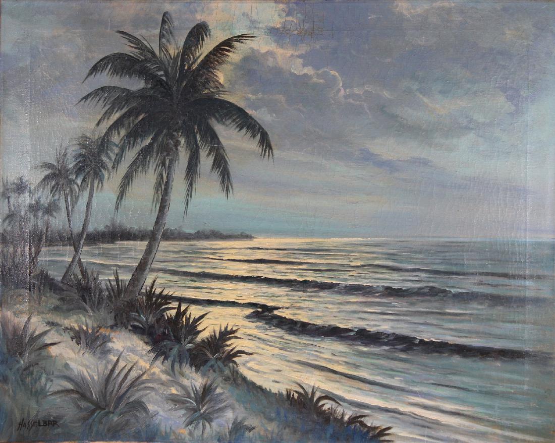 Hasselbar, Painting of Florida Coastal Scene: Hasselbar, Painting of Florida Coastal Scene "Moonlight, Florida East-Coast" Inscribed verso. Oil on canvas Highwaymen style painting. Size: 24 x 30 inches.