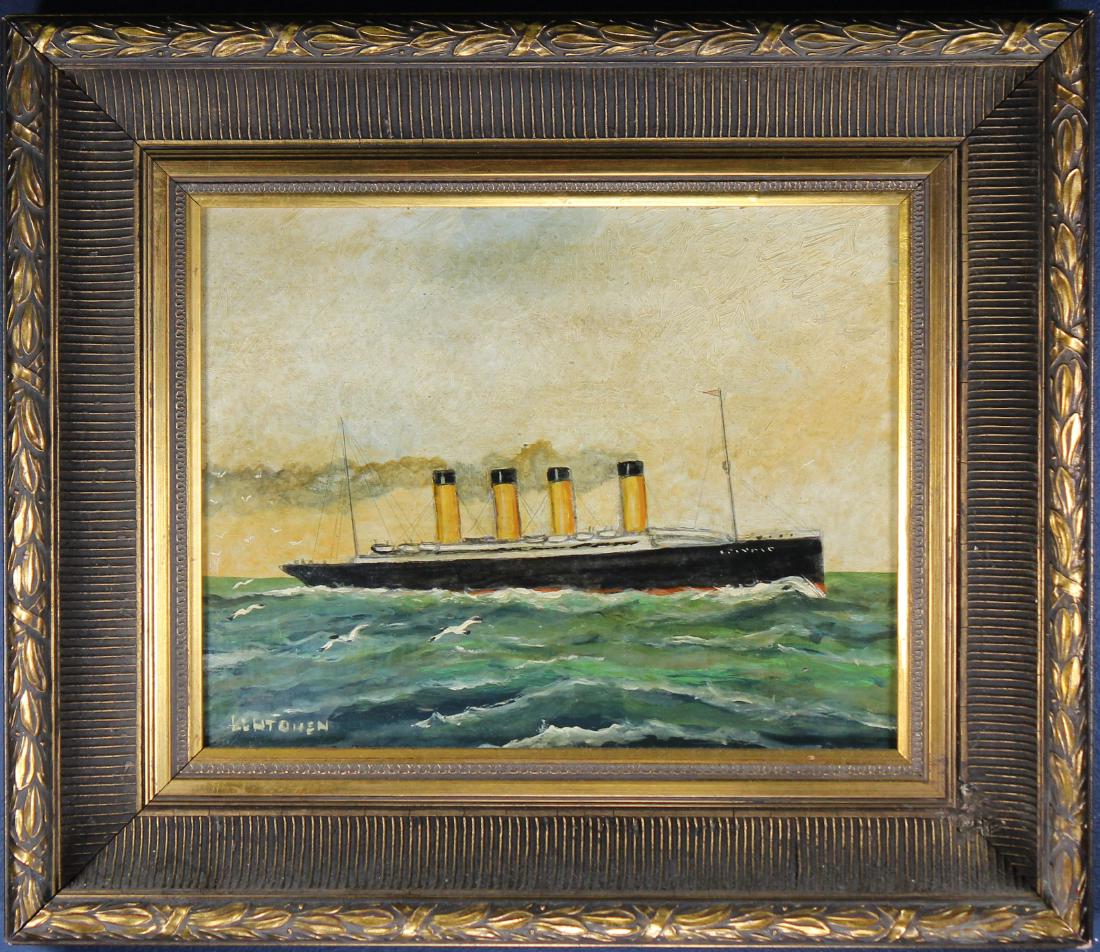 Lehtonen, "RMS Titanic" Signed Painting: Lehtonen, "RMS Titanic" Signed Painting. Inscribed verso. Oil on board. Sight size: 10.5 x 13.5 inches.