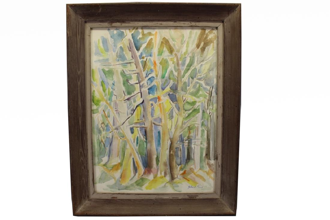 Yolanda Fusco (1920 - 2009) Wooded Landscape: Yolanda Fusco (1920 - 2009) Wooded Landscape. Watercolor, signed lower right. Image size: 23.5 x 17.5 in. Overall Size: 29.5 x 23.5 x 2.5 in. Framed behind glass. Fusco studied at the Art Students Lea