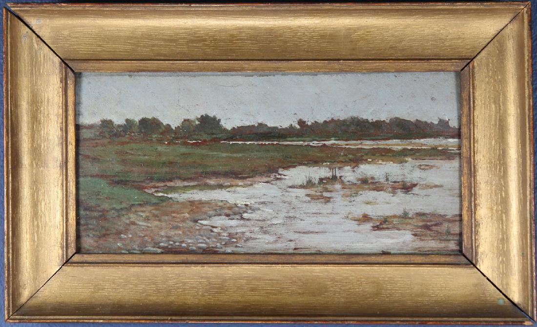Manner of Kensett, Marsh Landscape. "JFK": Manner of Kensett, Marsh Landscape. Inscribed "JFK 55" verso. Oil on board. American school, early 20th century. Housed in a gilt wood frame. Sight size: 4 x 8.5 inches.