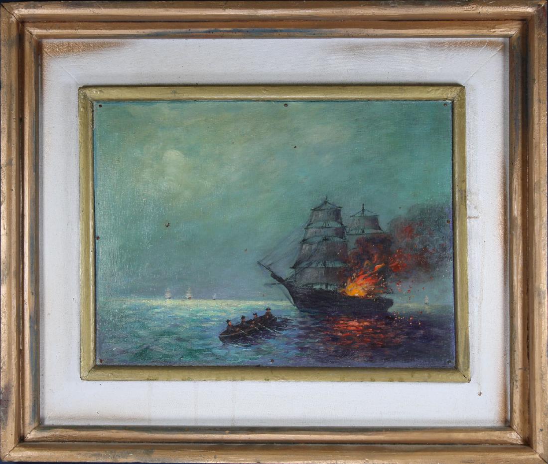 19th C. Nautical Battle Scene at Night, Signed (1 of 4)