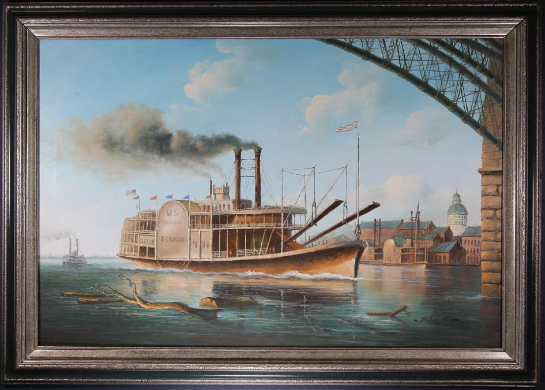 John Cox, "St. Louis" Steamwheeler Painting: John Cox, Oil on canvas painting of the "St. Louis" Steamwheeler. 20th century. Signed lower right. Sight Size: 23.5 x 35.5 in. Overall Size: 29.5 x 41.5 in.