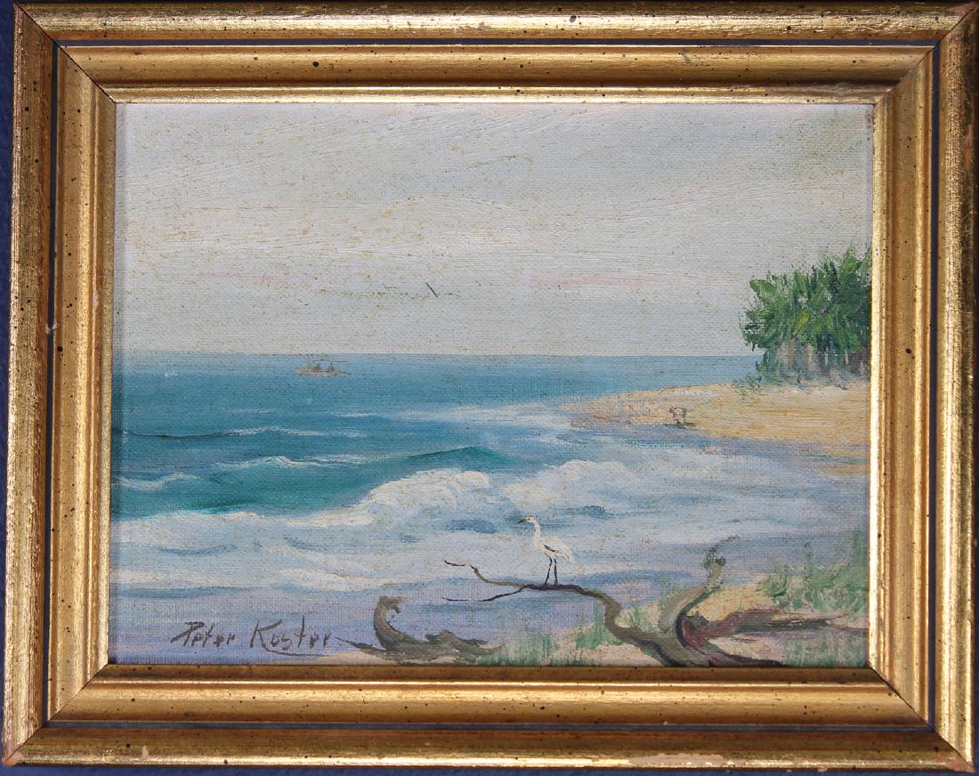 Peter Koster (Massachusetts, Florida, 1891-1978): Peter Koster (Massachusetts, Florida, 1891-1978) Oil on board painting of a Florida Coastal Scene with an Egret in the Foreground. Signed lower left. Sight Size: 5.5 x 7.5 in. Overall Size: 7.5 x 9.5