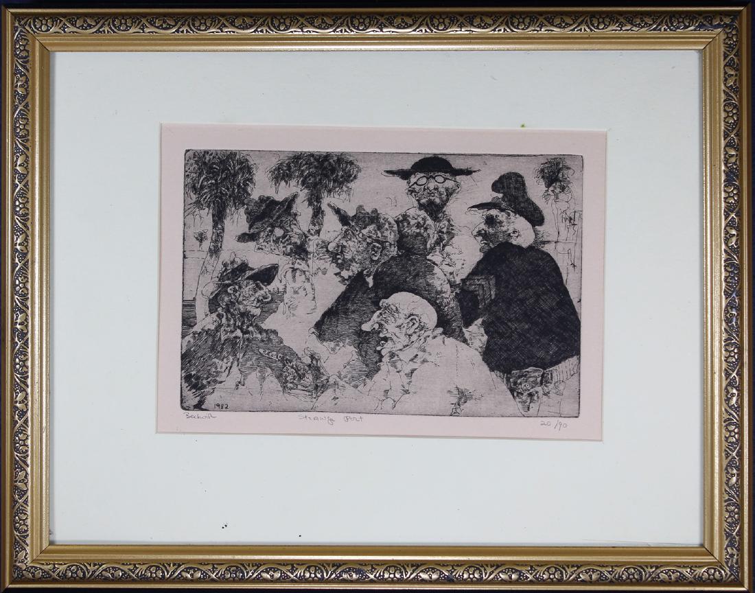 Beckwith, "Strange Port" Etching: Beckwith, "Strange Port" Etching. Signed lower left. Titled lower middle. Numbered (20/90) lower right. Sight Size: 7 x 10 in. Overall Size: 13.25 x 17 in. Framed behind glass.