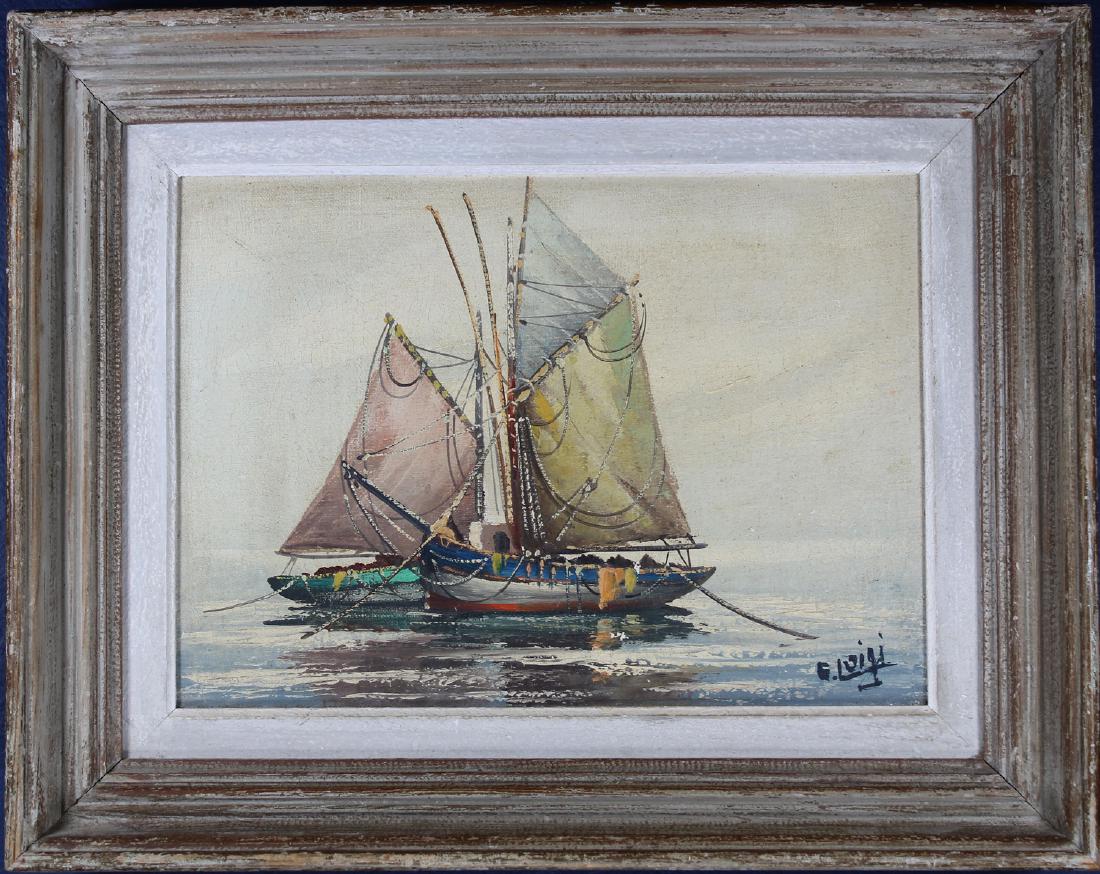 Luigi, Signed Vintage Painting of Sailboats: Luigi, Signed Vintage Painting of Sailboats. Oil on canvas. Signed lower right. With artist biography attached verso. Sight size: 8.7 x 12.5 inches. Overall size: 14 x 17.5 x 2.5 inches.