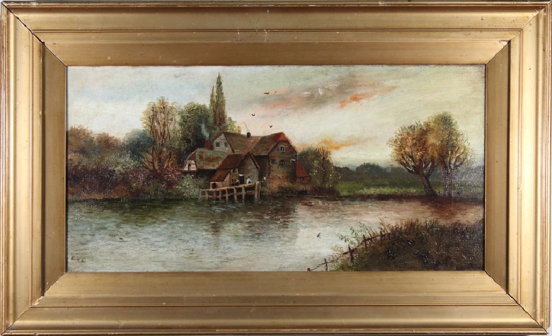Signed 19th C. Painting of a Cottage Near a Lake: Signed 19th C. Painting of a Cottage Near a Lake. Initialed "EHC" lower left. Oil on canvas. Housed in a gilt frame. Sight Size: 10.5 x 21.5 inches. Overall Size: 17.25 x 28.25 in.