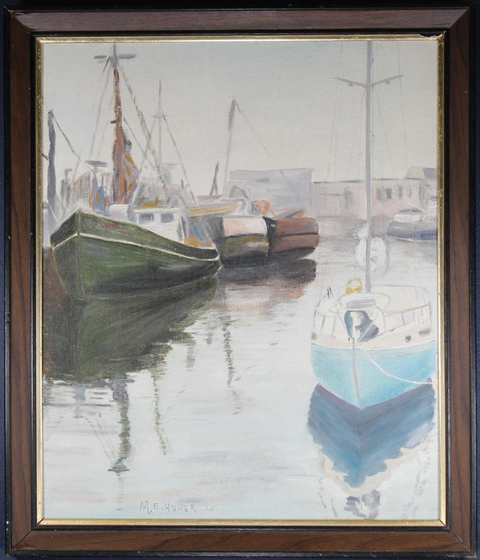 Hower, 20th C. Painting of Docked Boats in Harbor: Hower, Vintage Painting of Docked Boatsin Harbor. Oil on board. Signed and dated '75 lower left. Sight size: 23.5 x 19.5 in. Overall size: 27 x 23 in.